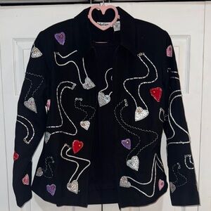 Embellished Black Jacket & T shirt with Heart Accents